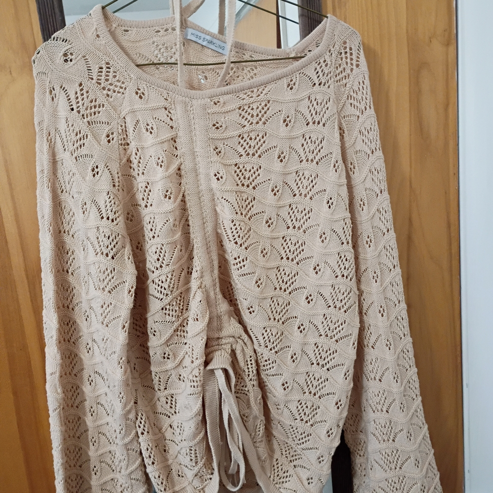 Beige Knit Sweater with Drawstring